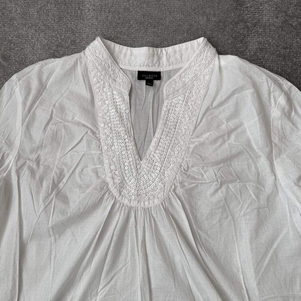 Talbots Blouse Womens Large White Sequin V Neck 3/4 Sleeve Tunic Top Cotton - Picture 2 of 9